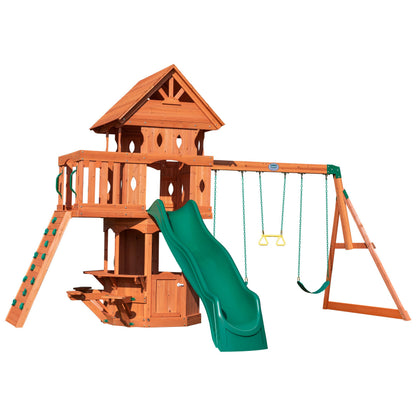 Backyard Discovery Woodland Cedar Wood Swing Set with Wave Slide, Clubhouse, Rock Wall, Snack Bar Station, Benches, Belt Swings, Trapeze, Half Door, Balcony, Step Ladder, Outdoor Playset