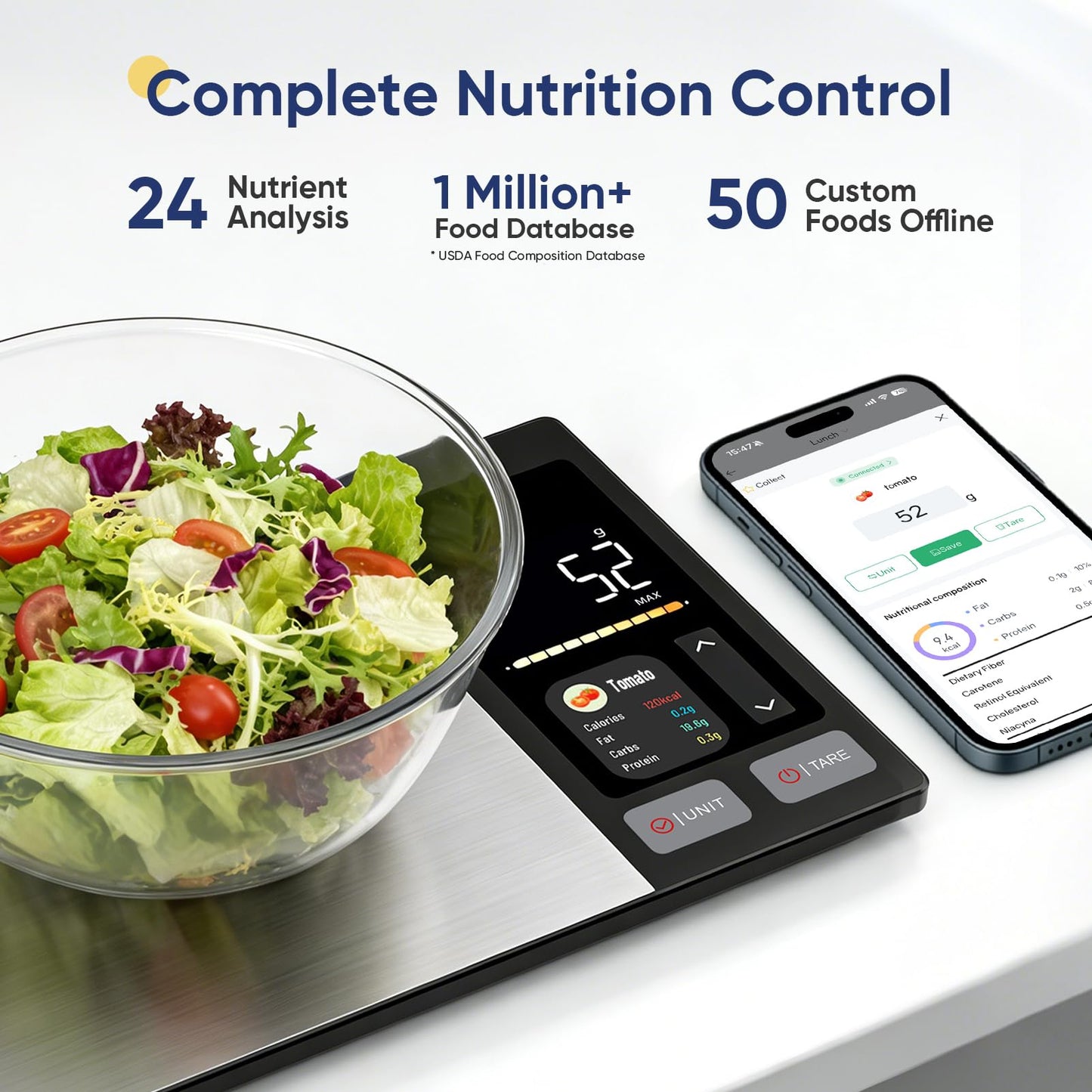 Smart Food Scale with Nutritional Calculator, Free APP with 24 Nutrients Tracking, Calorie, Macro, Premium Stainless Steel Digital Food Scale for Meal Prep Weight Loss, Grams/Ounces, 11lb Capacity