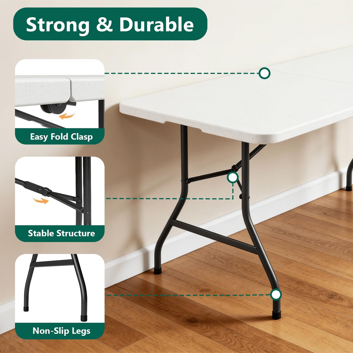 FurniEdge 6FT Folding Table 4 Pack, Heavy Duty Plastic Table with Handel, 400lbs Portable Table, Reinforced Steel Legs, Fold-in-Half Table Ideal for Parties, Picnics, Weddings, Camping White