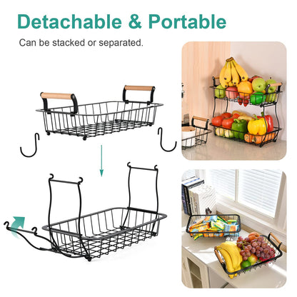 ANTOPY 2 Tier Fruit Basket with 2 Banana Hangers, Countertop Fruit Vegetable Basket Bowl for Kitchen Counter Metal Wire Fruits Storage Stand Holder Organizer for Bread Snack Veggies Produce