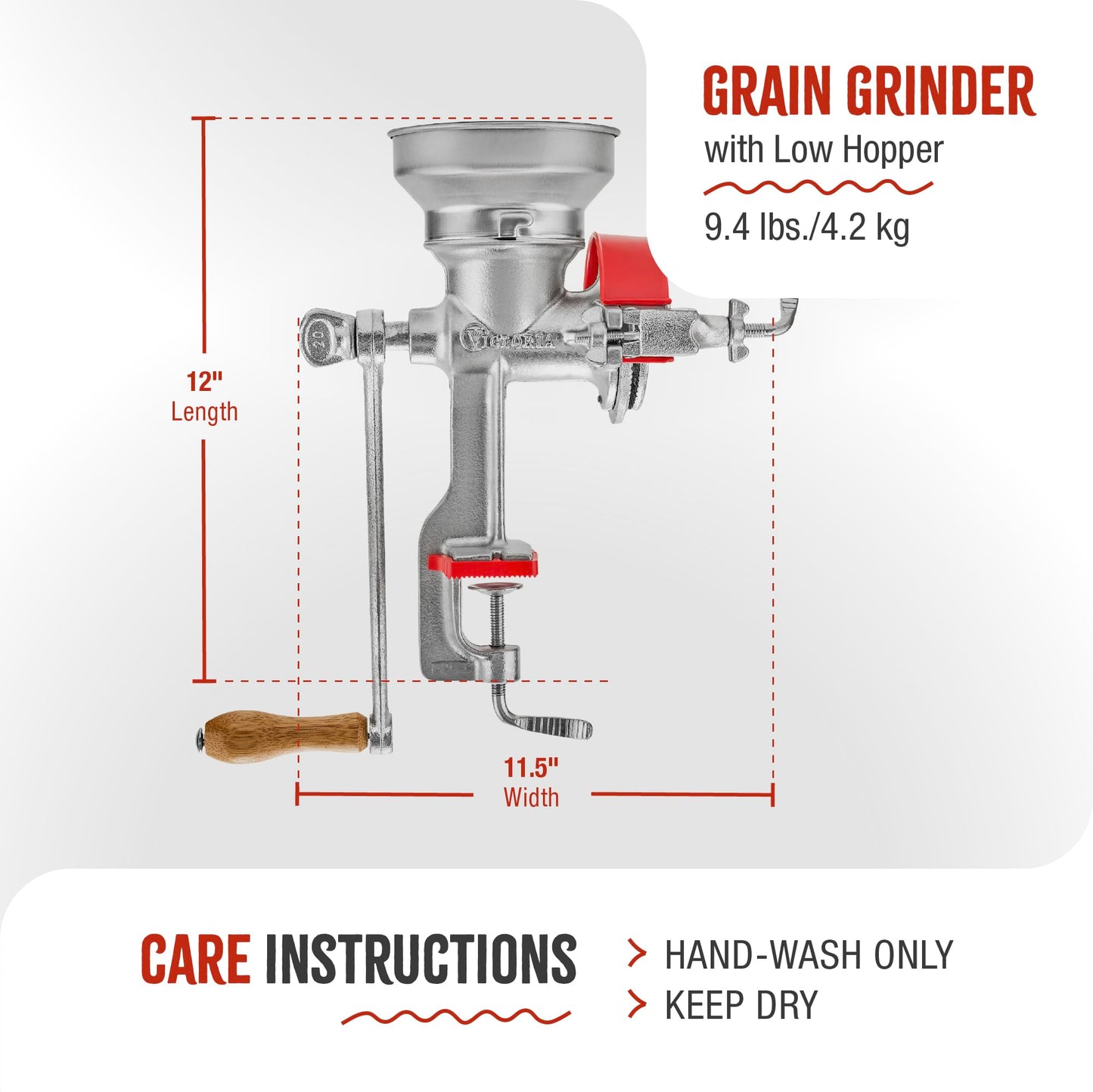 Victoria Manual Cast Iron Grain Mill with Low Hopper, Premium Corn-Grinding Mill and Grain Grinder, Made in Colombia
