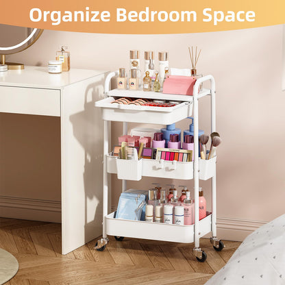 3 Tier Metal Rolling Utility Cart with Drawer & Lockable Wheels - Heavy Duty Multifunctional Storage Organizer with 2 Cups and 4 Hooks for Bathroom, Kitchen, Snack, Craft, Makeup, Baby Essentials