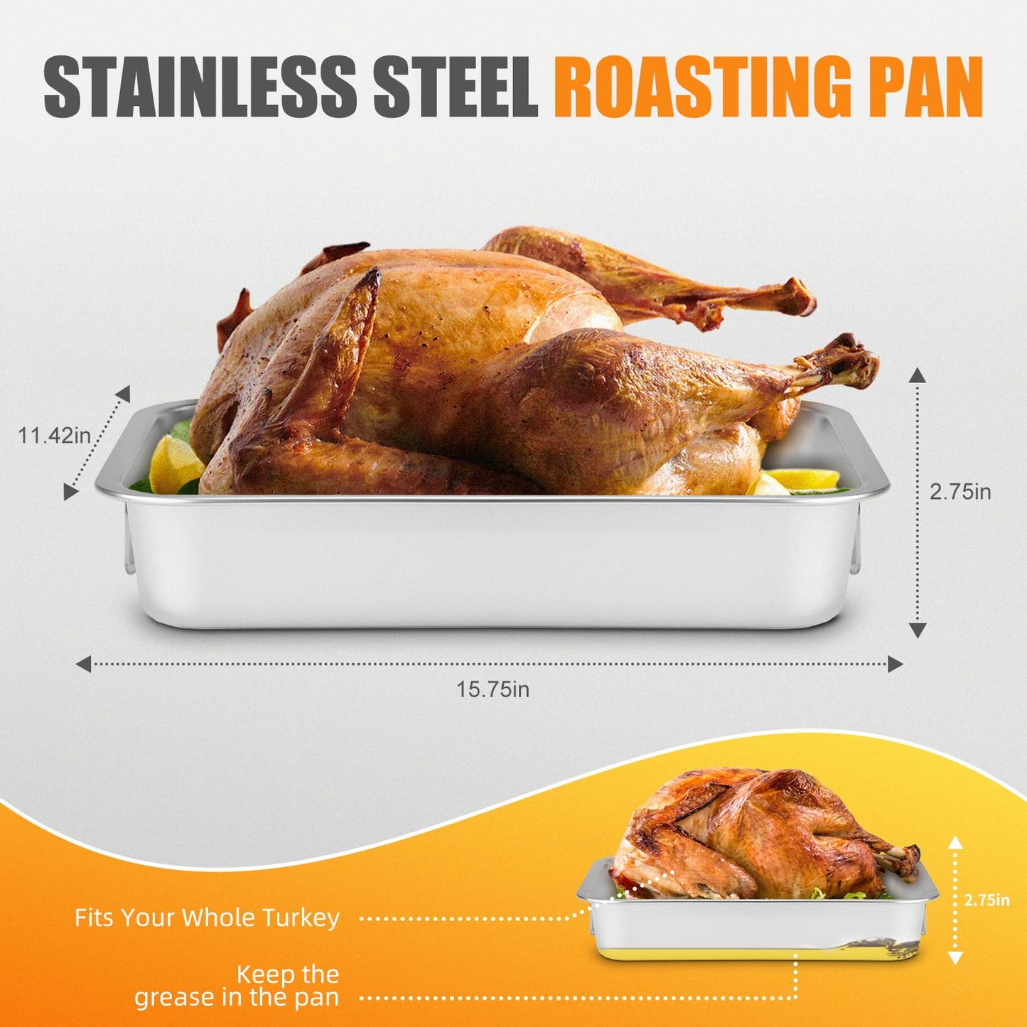 Stainless Steel Turkey Roasting Pan with Rack & Handles, Heavy Duty Food-Safe Turkey Pan Dishwasher Safe, Perfect for Cooking Turkey and Steak for Thanksgiving and Christmas (Standard)