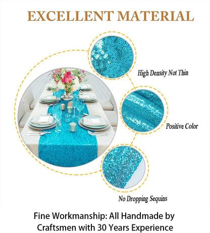 ShinyBeauty Turquoise Sequin Table Runner 12x108-Inch Aqua Party Runner for 30th Birthday Decorations
