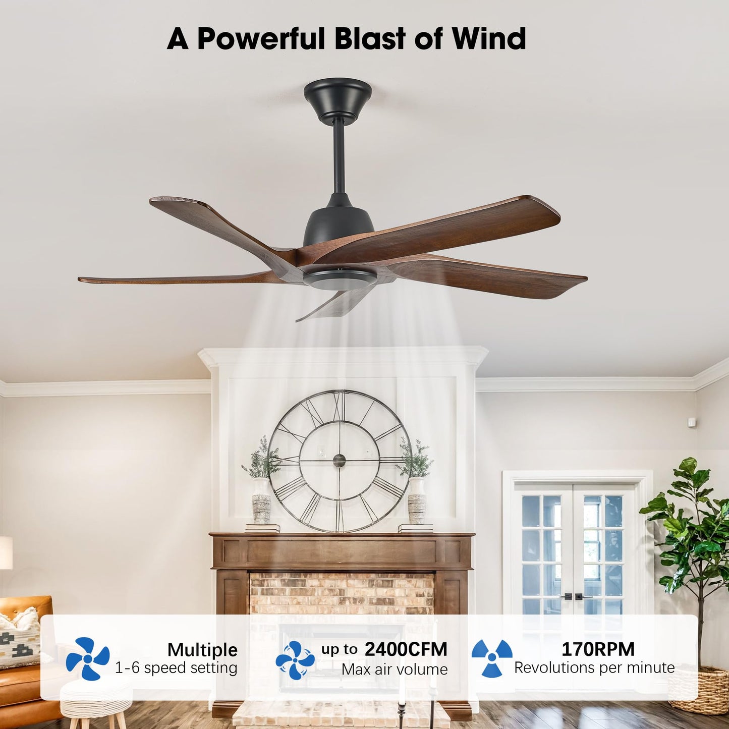 LVYEAYOU 52 Inch Solid Wood Ceiling Fan No Lights, Remote and APP Control, DC Motor, 6-speed Reversible, for Bedroom, Living Room, Office, Dark Walnut