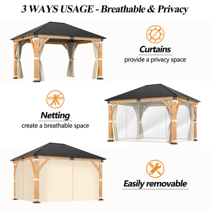 GARTOO 11’x 13’ Outdoor Spruce Wood Gazebo - Patio Hardtop Gazebo Permanent Wooden Pavilion with Privacy Curtains and Netting & 2 Shelves, Steel Roof Wooden Gazebos for Garden, Porch, Lawn, Backyard