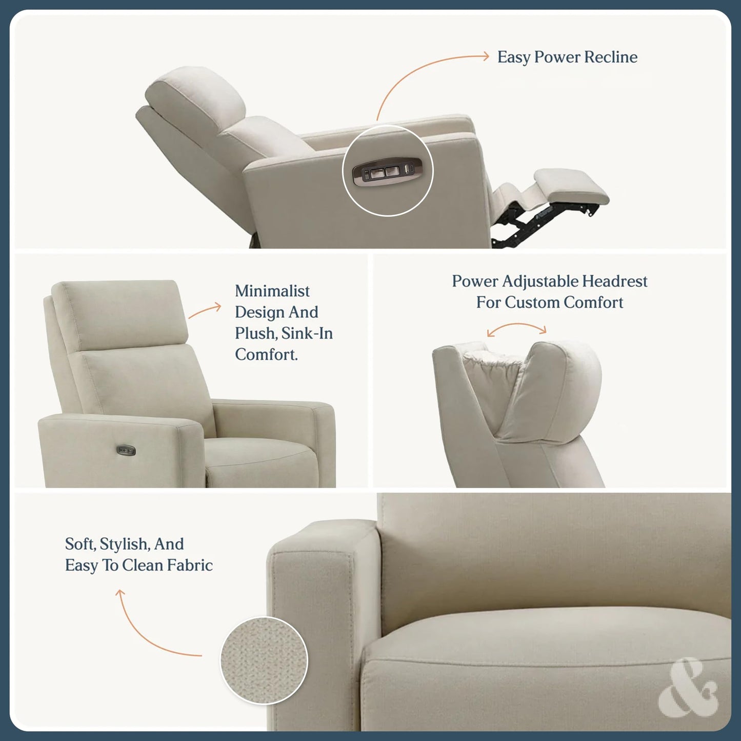 Nurture& The Glider Premium Power Recliner Nursery Glider Chair with Adjustable Head Support | Designed with a Thoughtful Combination of Function and Comfort | Built-in USB Charger (Ivory)