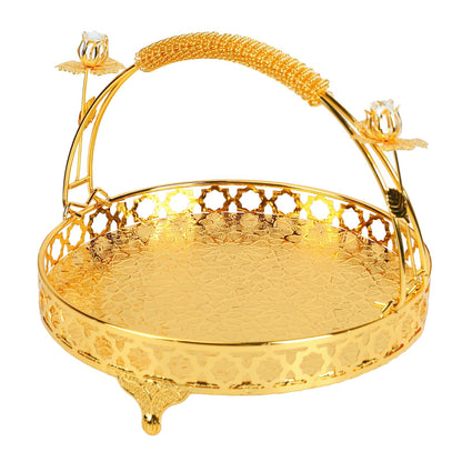 GLOGLOW Vintage Round Fruit Tray with Handle, 10.2 Inch Metal Dessert Platter Gold Cupcake Stand for Wedding Birthday Party Afternoon Tea Candy Cookies