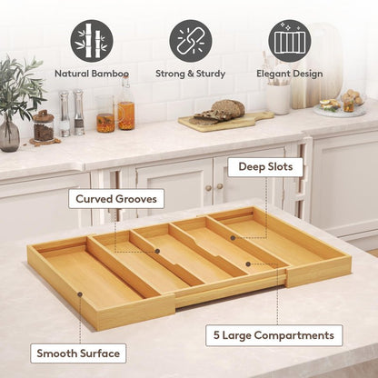 Lifewit Utensil Organizer for Kitchen Drawer, Expandable Cooking Utensil Tray, Cutlery Silverware Flatware Holder, Wood Adjustable Spatula Tools Storage Divider, 15.6-28 x 18.5, Natural