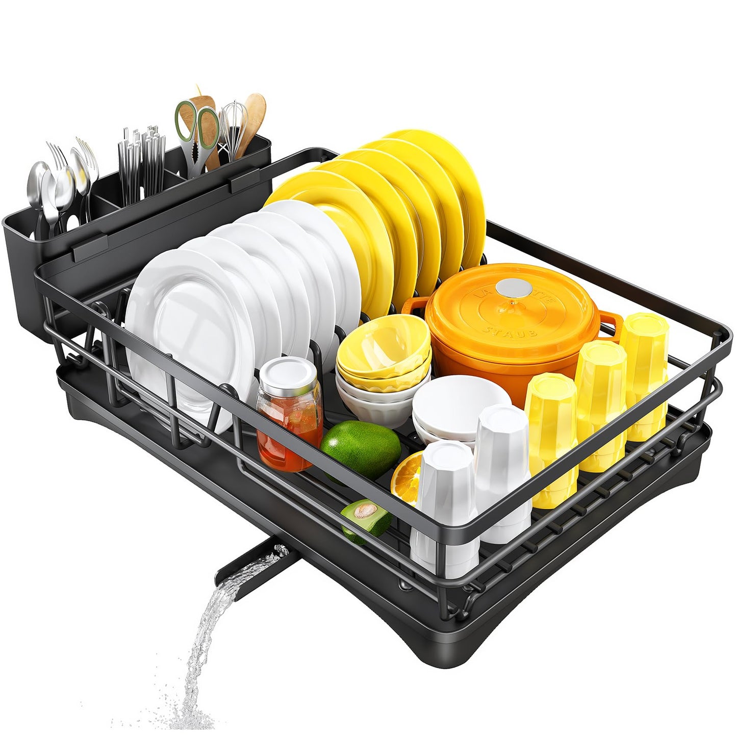 SNTD Dish Drying Rack for Kitchen Counter - Large Dish Rack with Drainboard, Rustproof Dish Drainer with Utensil Holder for Sink, Black