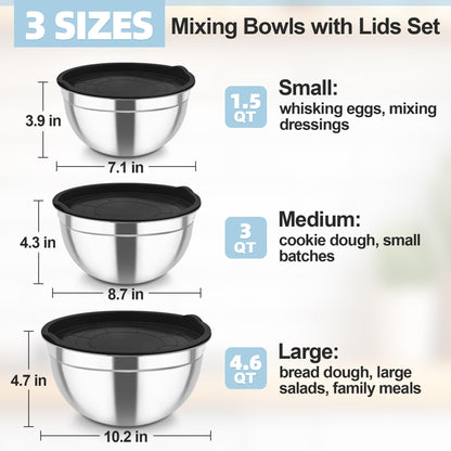 TeamFar Mixing Bowls, Stainless Steel Nesting Salad Bowls with Airtight Lids Set, For Serving/Mixing/Storing, Healthy & Long-lasting, Dishwasher Safe & Easy Clean, 4.6/3 / 1.5 QT, Black