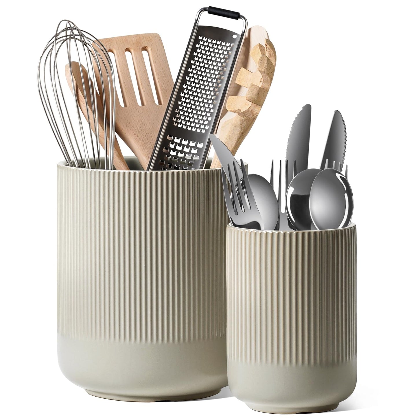 LE TAUCI Utensil Holder for Kitchen Counter, 7.3"+5.4" Fluted Ceramic Utensil Crock Organizer for Countertop, Heavy Large Holder for Spatulas, Spoons, Set of 2, Oatmeal Greige