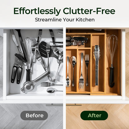 keechee Carbonized Bamboo Kitchen Drawer Organizer, 10 Slots Expandable Silverware Organizer, Utensil Holder & Cutlery Tray, 2.2" Deep for Extra Capacity, Non-Slip Feet Included