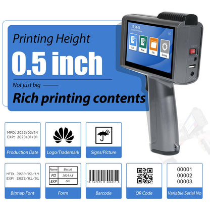 ZHONGMIN Handheld Inkjet Printer with 42ml Quick-Drying Ink Cartridge for Text/Date/Barcode/Logo, Metal Body, 4.3" Touch Screen, Print Height 0.08"-0.5", Portable Industrial Coding Machine ZM-C120L