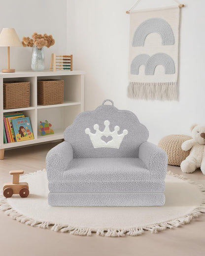 PIIKAGO 2-in-1 Kids Couch Fold Out, Soft Teddy Sherpa Toddler Couch with Crown Design, Convertible Kids Sofa to Lounger for Nap & Playtime, Cozy Children's Furniture for Boys & Girls, Grey