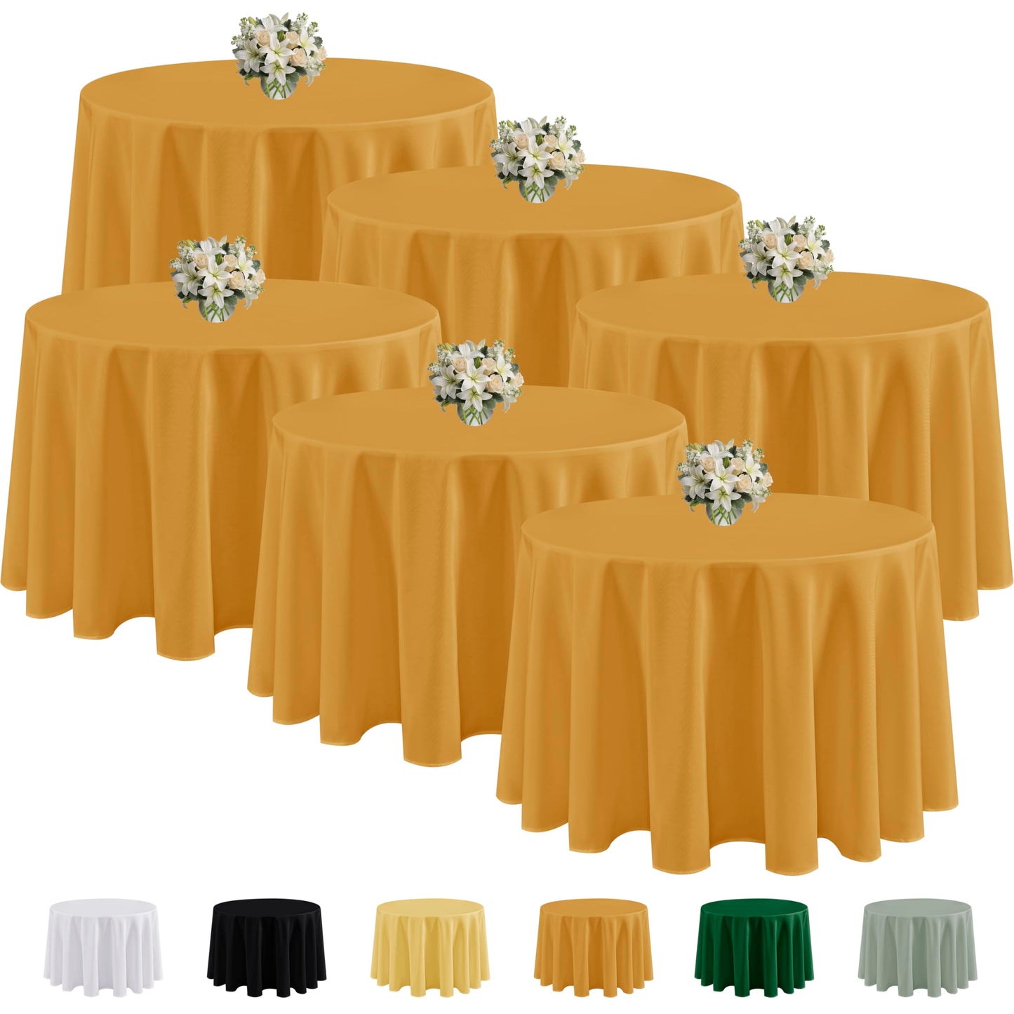 Fitable 6 Pack Gold Round Tablecloths - 90 Inches Round - Wrinkle and Stain Resistant Fabric Table Clothes, Washable Polyester Table Covers for Wedding Party Banquet Formal Events Fall Thanksgiving