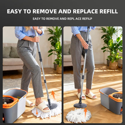 MENSHINE Spin Mop and Bucket Set,Detachable Double Buckets Separate Dirty Water with Stainless Steel Wringer for Floor Cleaning,Cleaning Buckets with 4 Mop Head Replacements for Household Use