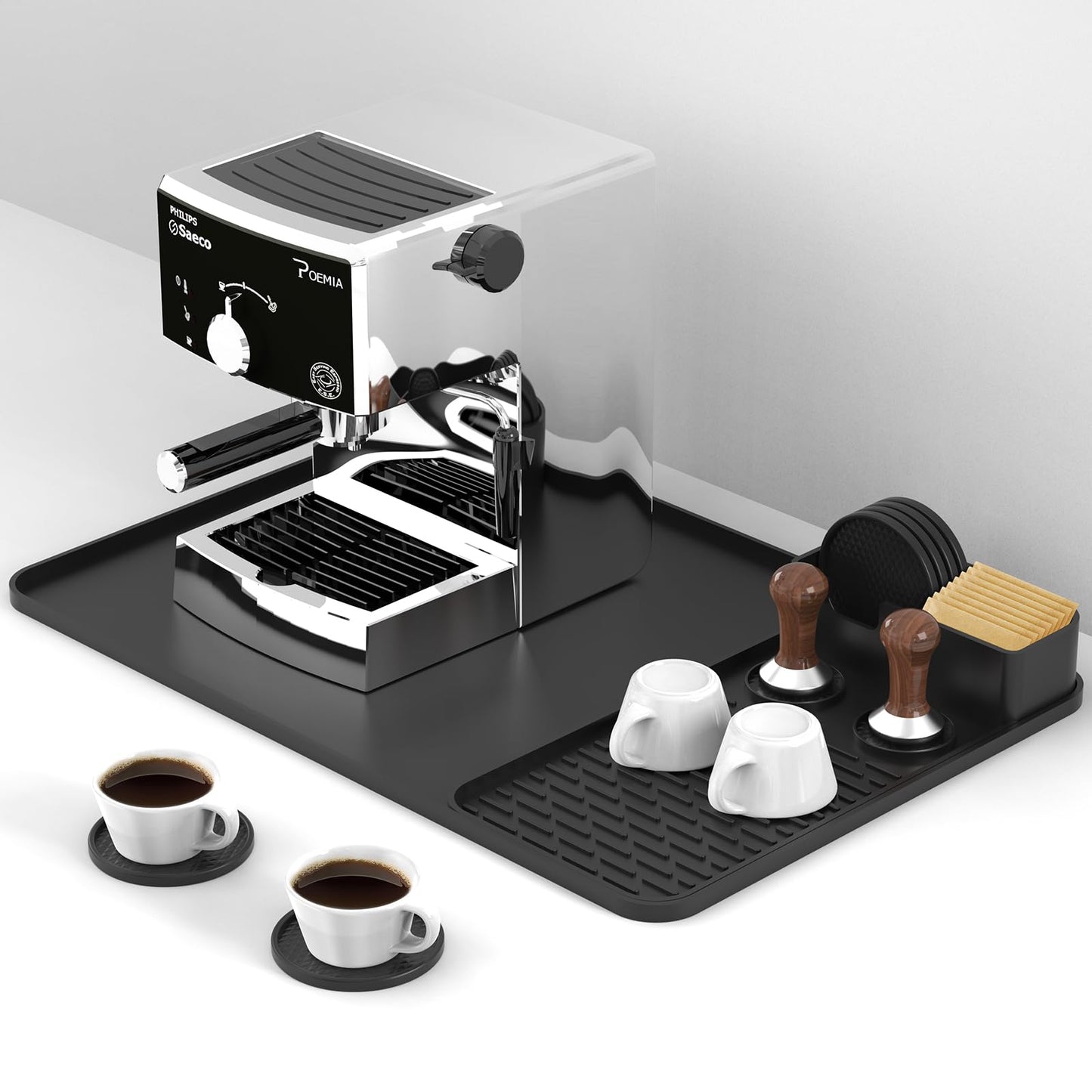 Silicone Coffee Mat with 6 Coasters,24"x16" Counter Bar Mat Fits Under Coffee Maker/Pot & Espresso Machine, Bar Aceessories,Detachable Drying Pad for Tamper,Sugar Packets,Cups & Countertop Protection