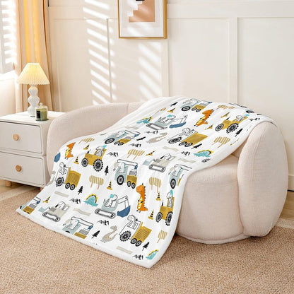 Construction Sherpa Blanket 40"x50" Equipment Trucks Fleece Throw for Kids Boys Girls Decor Dinosaur Plush 3D Digital Print Yellow Fuzzy Bedroom