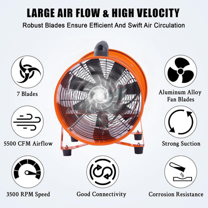 ExploreHorizon 16-Inch Heavy Duty Portable Exhaust Fan - 5500 CFM High Velocity Blower, 2-Speed Adjustable with 32ft Vinyl Hose - Ideal for Crawl Spaces, Attics, Basements, Workshops, Garage