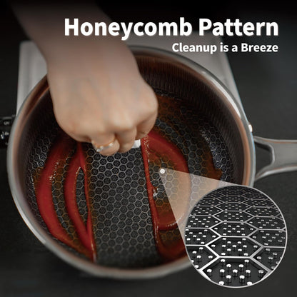Bakoniion Hybrid Nonstick Saucepan Set of 2 with Lids 1.5 QT and 3 QT, Stainless Steel Honeycomb Pans with Side Pour Spouts,Compatible with All Cooktops,Dishwasher and Oven Safe