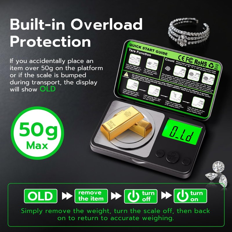 Wigearss Digital Milligram Scale 50g x 0.001g, Mini Precision Scale with Tare weight Function,Calibration Weight ＆ Backlit LCD Display, Pocket Micro Scale for Weighing Powder, Gold, Jewelry, Mini Food
