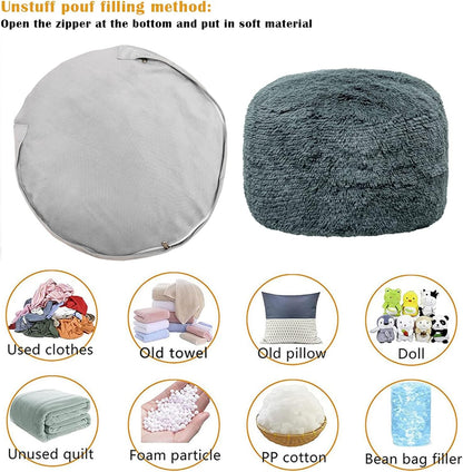 20x12 Fur Ottoman Stool Unstuffed Footstool Cover Floor Pouf NO Filler Foot Rest In Round Poof Seat Bean Bag Chair