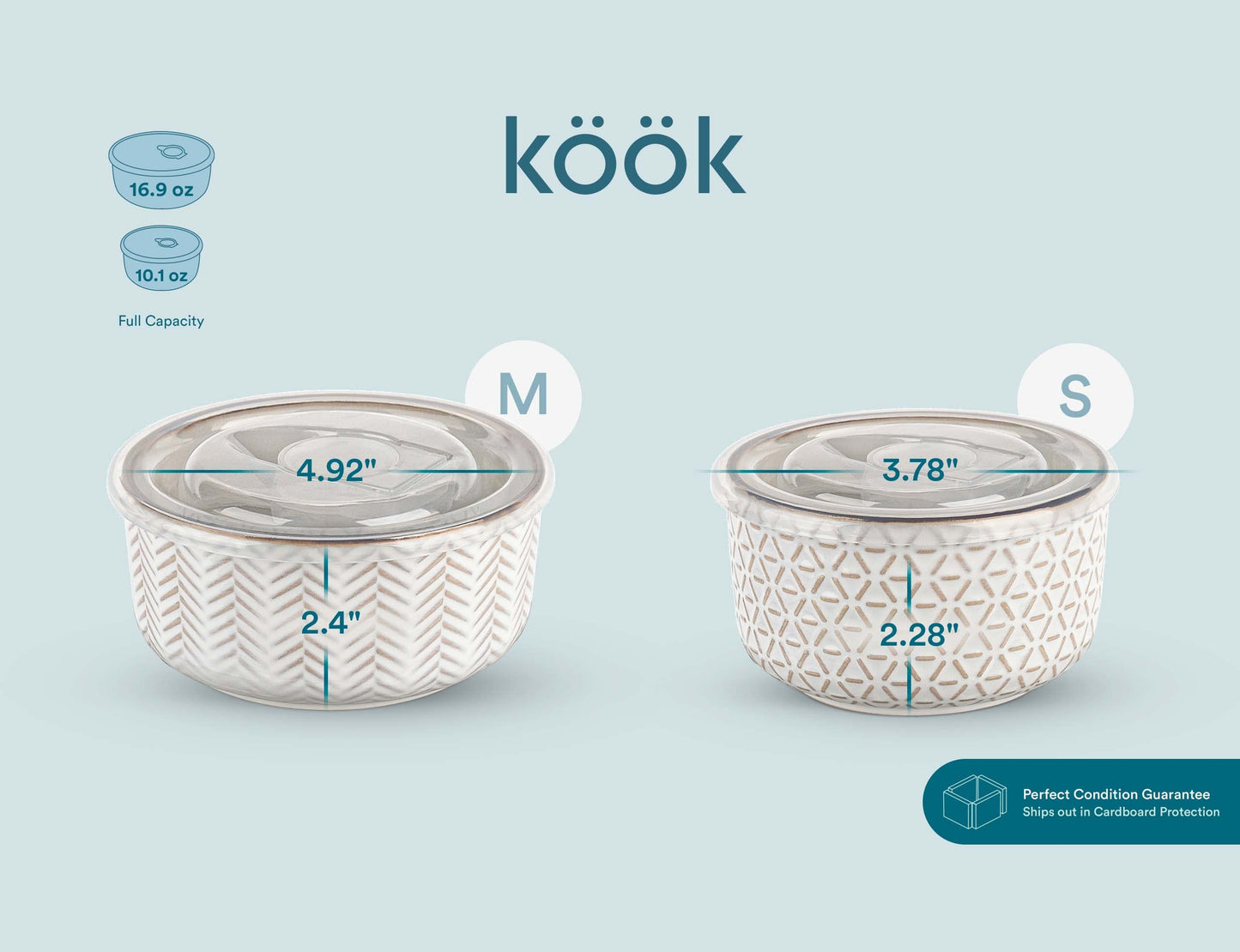 KooK Serving Bowls, with Lids, Ceramic Nesting Bowls, Set of 4, Embossed, Kitchen, Prep, Stackable, Gift, Microwave and Dishwasher Safe, 10/16/29/47 oz, Narbonne Collection (Ivory)