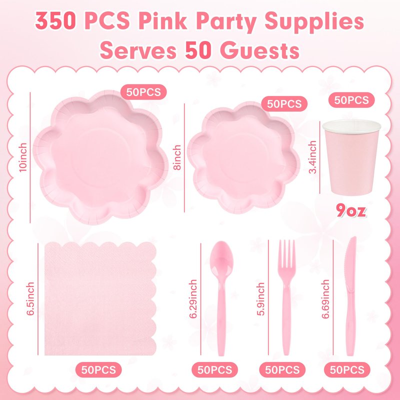 350 Pcs Pink Paper Plates and Napkins Set, Tableware Set for 50 Guests Include Disposable Pink Scalloped Plates, Napkins, Cups, Knives, Forks & Spoon for Baby Shower Mother's Day Wedding Birthday