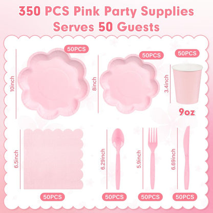 350 Pcs Pink Paper Plates and Napkins Set, Tableware Set for 50 Guests Include Disposable Pink Scalloped Plates, Napkins, Cups, Knives, Forks & Spoon for Baby Shower Mother's Day Wedding Birthday