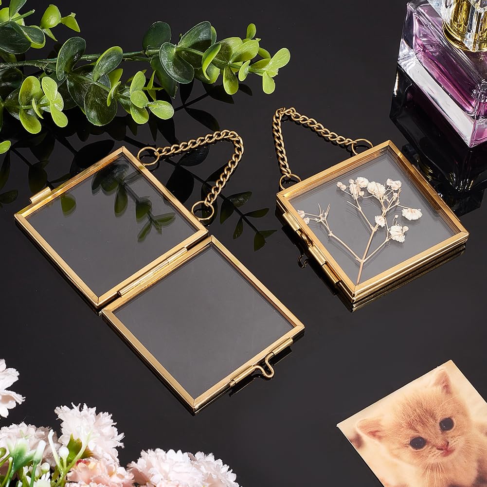 OLYCRAFT 6pcs Gold Mini Glass Hanging Frame 2.1x2.1 Inch Gold Metal Picture Frames Clear Double Glass Floating Frames Hanging Artwork Display Frame for Pressed Flowers Leaf and Artwork