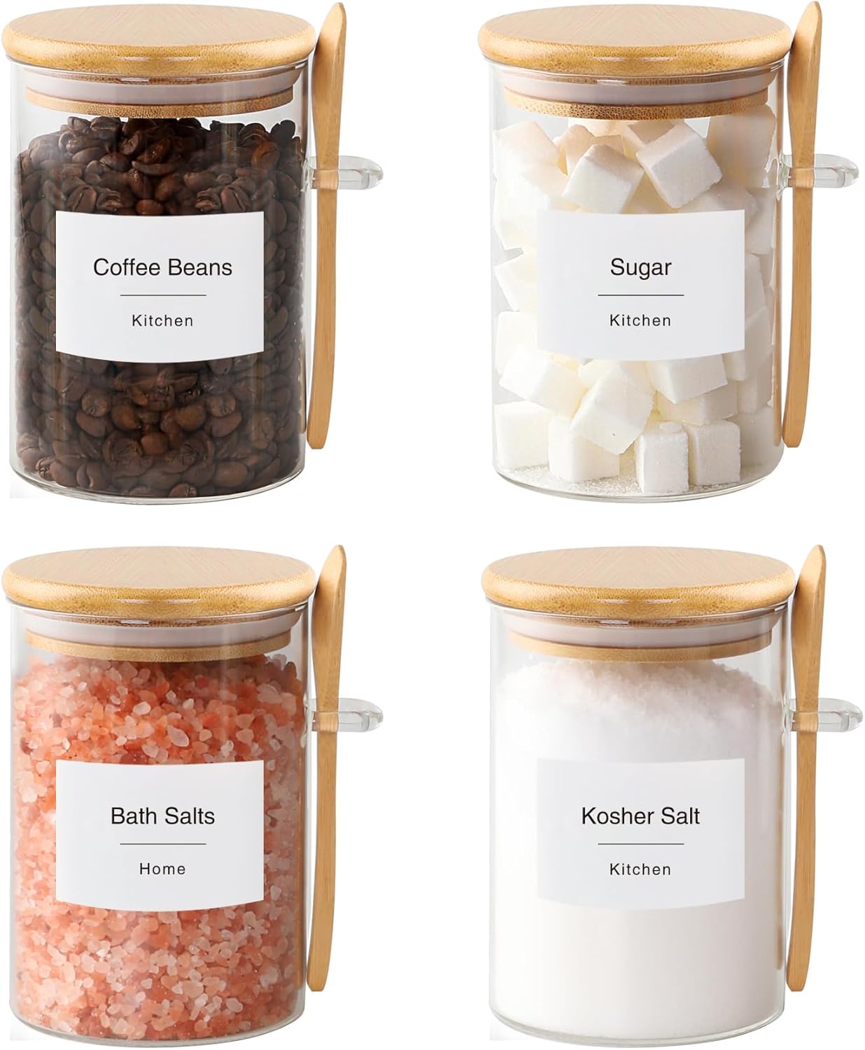 17 oz Countertop, (4 Pack) TIPGO Sugar Jar Bath Salt Container Glass Jar with Bamboo Lid and Spoon, Sugar Cube Holder