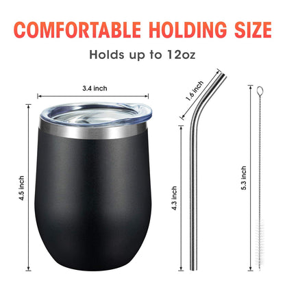 COMOOO 12oz Stainless Steel Drinking Cup - Bulk with Lid and Straw, Double Wall Vacuum Insulated, for Hot and Cold Drinks, Coffee, Cocktails, Black, 8 Pack