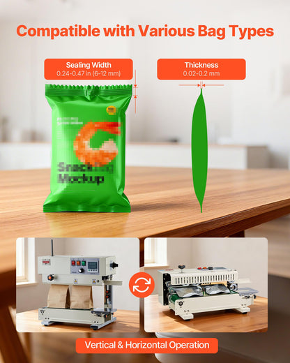 VEVOR Continuous Bag Band Sealing Machine, 0.24-0.47 in Seal Width, Vertical Band Sealer Machine with Roller Printing, Temp & Speed Adjustable, Heat Sealing Machine for 0.001-0.03 in Plastic Bags