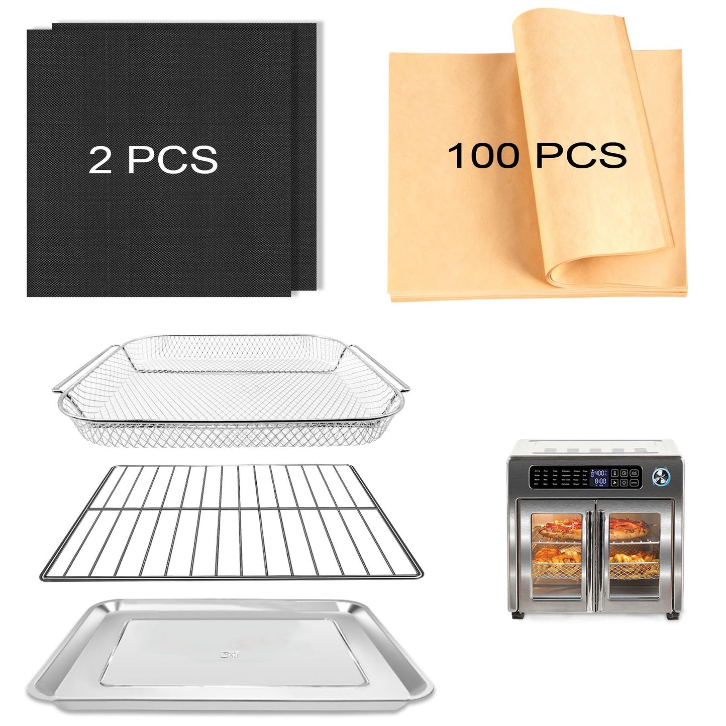 5-Piece Air Fryer Accessories Set for Emeril Lagasse 26QT, Includes Baking Pan, Air Fryer Basket, Rack, 2 Non-Stick Mats & 100 Parchment Papers, Stainless Steel Bakeware Set
