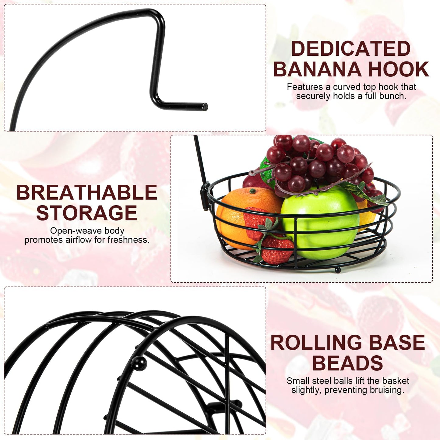 Vituney Fruit Basket for Kitchen Counter - Fruit Bowl with Banana Hanger, Rust-Proof Metal Frutero Produce Fruit Holder for Kitchen