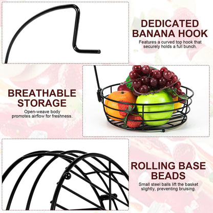 Vituney Fruit Basket for Kitchen Counter - Fruit Bowl with Banana Hanger, Rust-Proof Metal Frutero Produce Fruit Holder for Kitchen