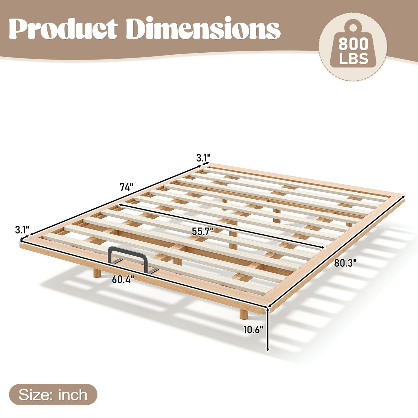 KEIKI Queen Size Bamboo Platform Bed, Mid-Century Modern Style Floating Bed Frame with Wooden Solid Support Slats, No Box Spring Needed, Easy Assembly, Noise Free, for Bedroom, Guest Rooms, Natural