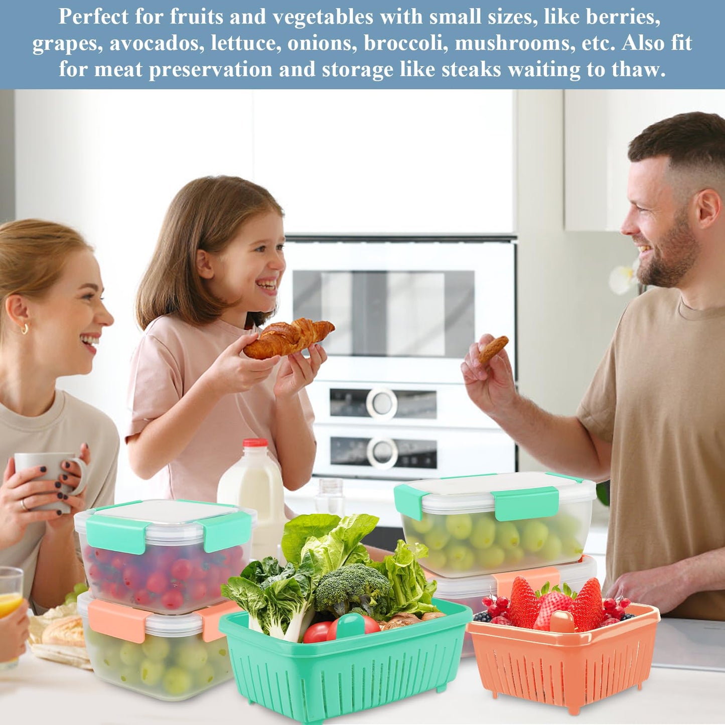 50oz Berry Keeper Fruit Storage Container for Fridge, Fresh Food Produce Saver Containers with Removable Drain Colanders, Vegetable Lettuce Keeper Bowl, Refrigerator Organizer, PRESS TO OPEN CLOSE LID