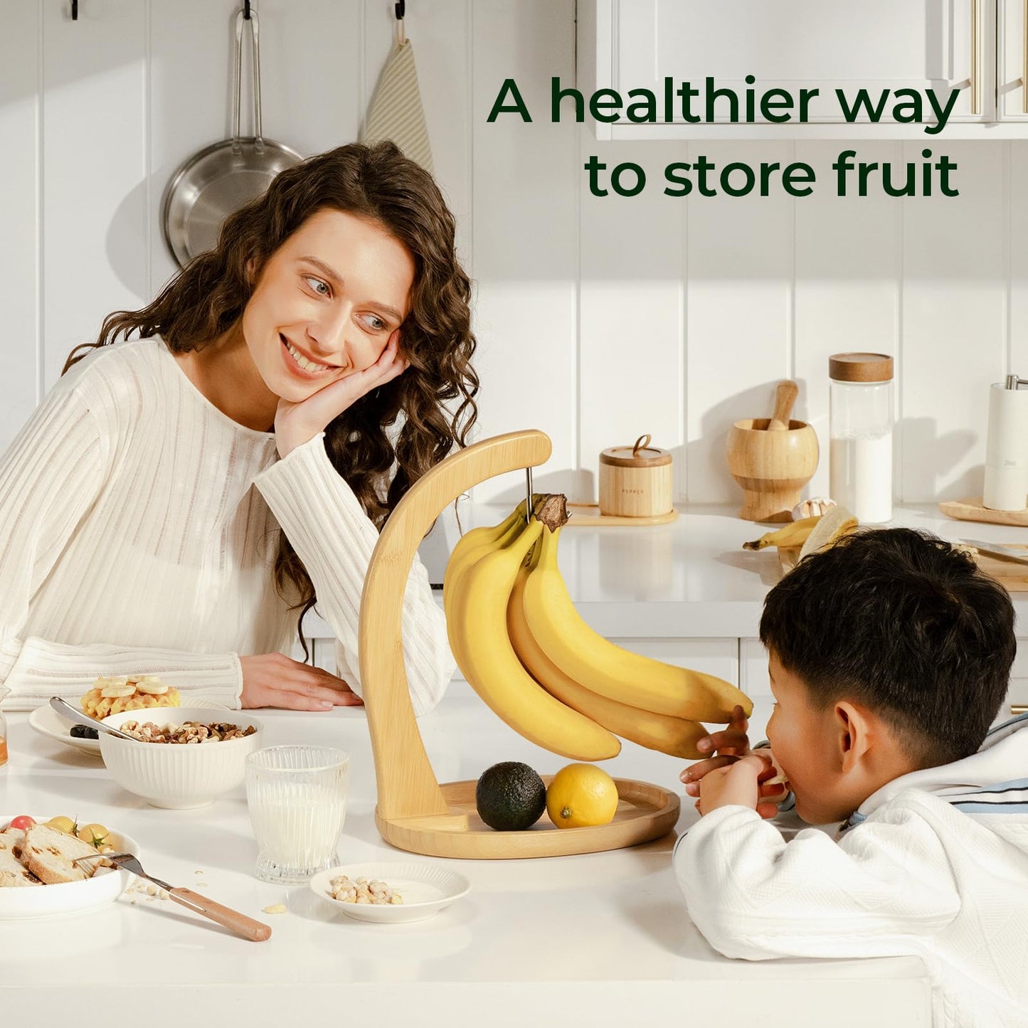 keechee Premium Bamboo Banana Holder with Fruit Tray, Extra Tall 12.9" Banana Hanger Stand for Kitchen Countertop, Sturdy Banana Hook Keeps Fruit Fresh & Bruise-Free, Easy Assembly