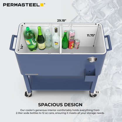 Permasteel Party Cooler with Divider, Removable Basin, Spacious 80-Qt Capacity, Chills 36hrs, Serving Tray, Rolling Ice Chest for Indoor & Outdoor, Matte Blue