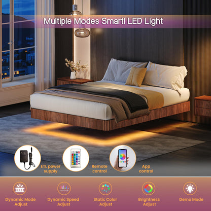 KEIKI Queen Size Floating Bed Frame with LED Lights, Wave Curve Wood Texture and Heavy Duty Metal Slats – Modern Queen Floating Bed Frame with Headboard – Walnut
