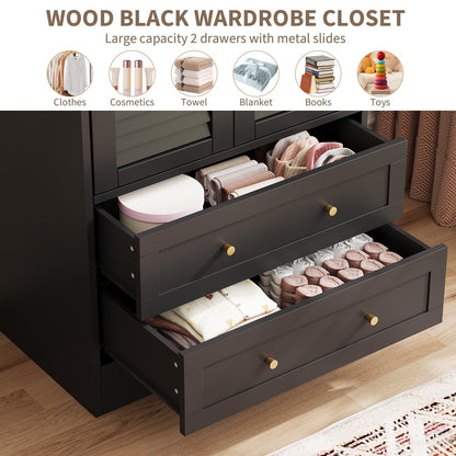 Garvee 65" Louvered Armoire Wardrobe Closet with 2 Doors and 2 Drawers, Large Capacity Storage, Wooden Wardrobe Cabinet with Hanging Rod for Bedroom, Cloak Room, Laundry Room, Entrance Hall, Black