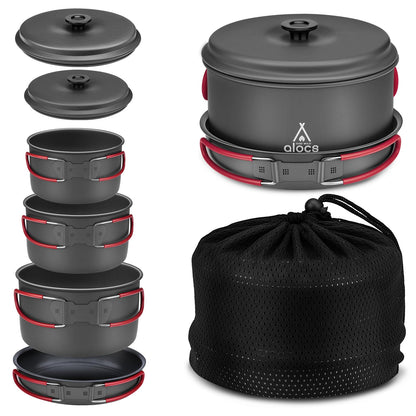 Alocs Camping Cookware, Aluminum Camping Cooking Set Camp Kitchen, Portable Camping Pots and Pans Set Essentials Mess Kit for Backpacking, Outdoor Cooking and Picnic
