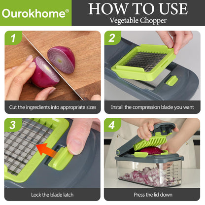Ourokhome Vegetable Chopper Cutter with Container, Manual Hand Food Veggie Dicer with 2 Chopping Blades for Potato Strips, Onion Cubers, Carrot Sticks, Essential Kitchen Gadgets (2 in 1, Gray)