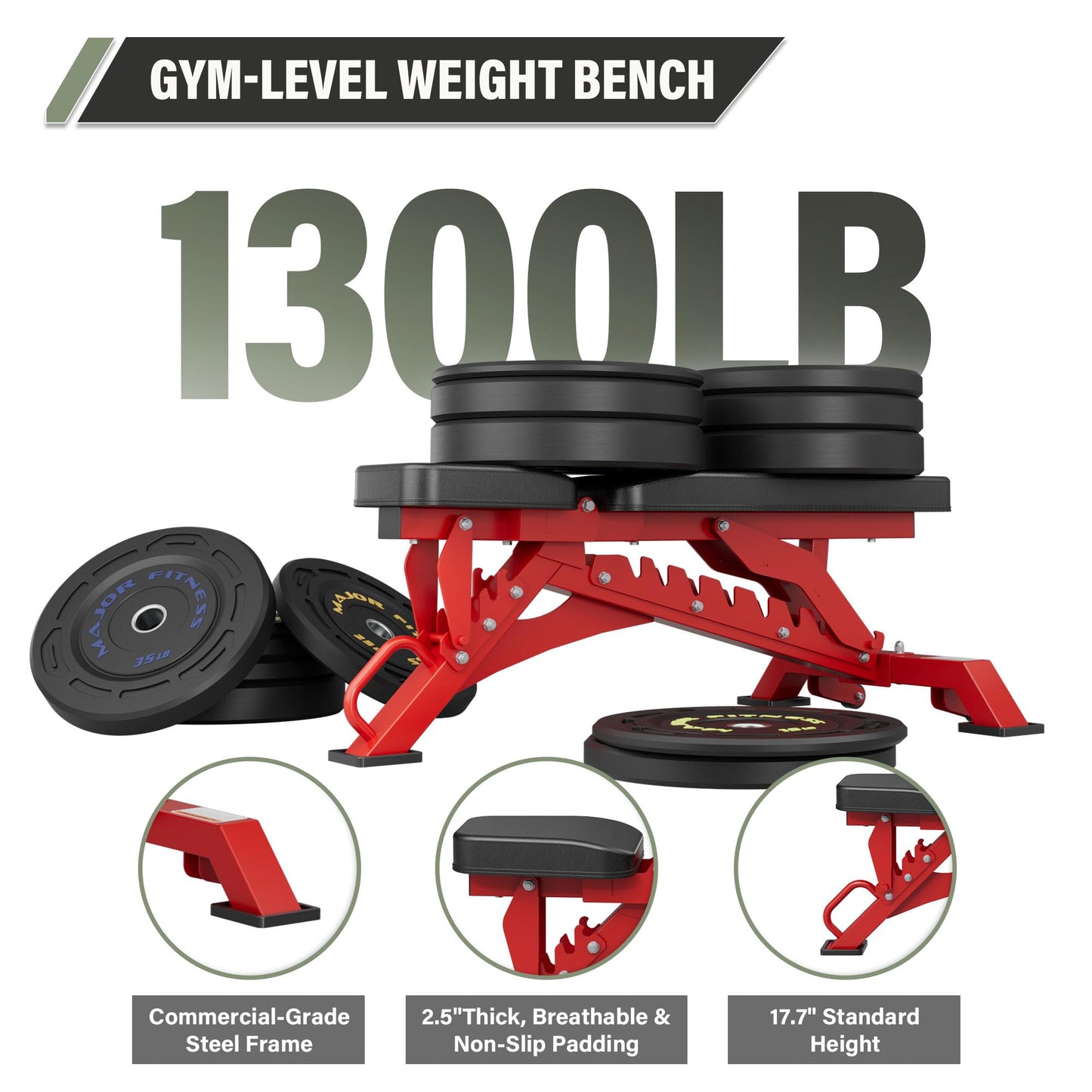 Major Fitness Weight Bench - 1300LBS Weight Capacity and 36 Adjustable Positions Strength Training Bench for Garage and Home Gym Workouts (Red)