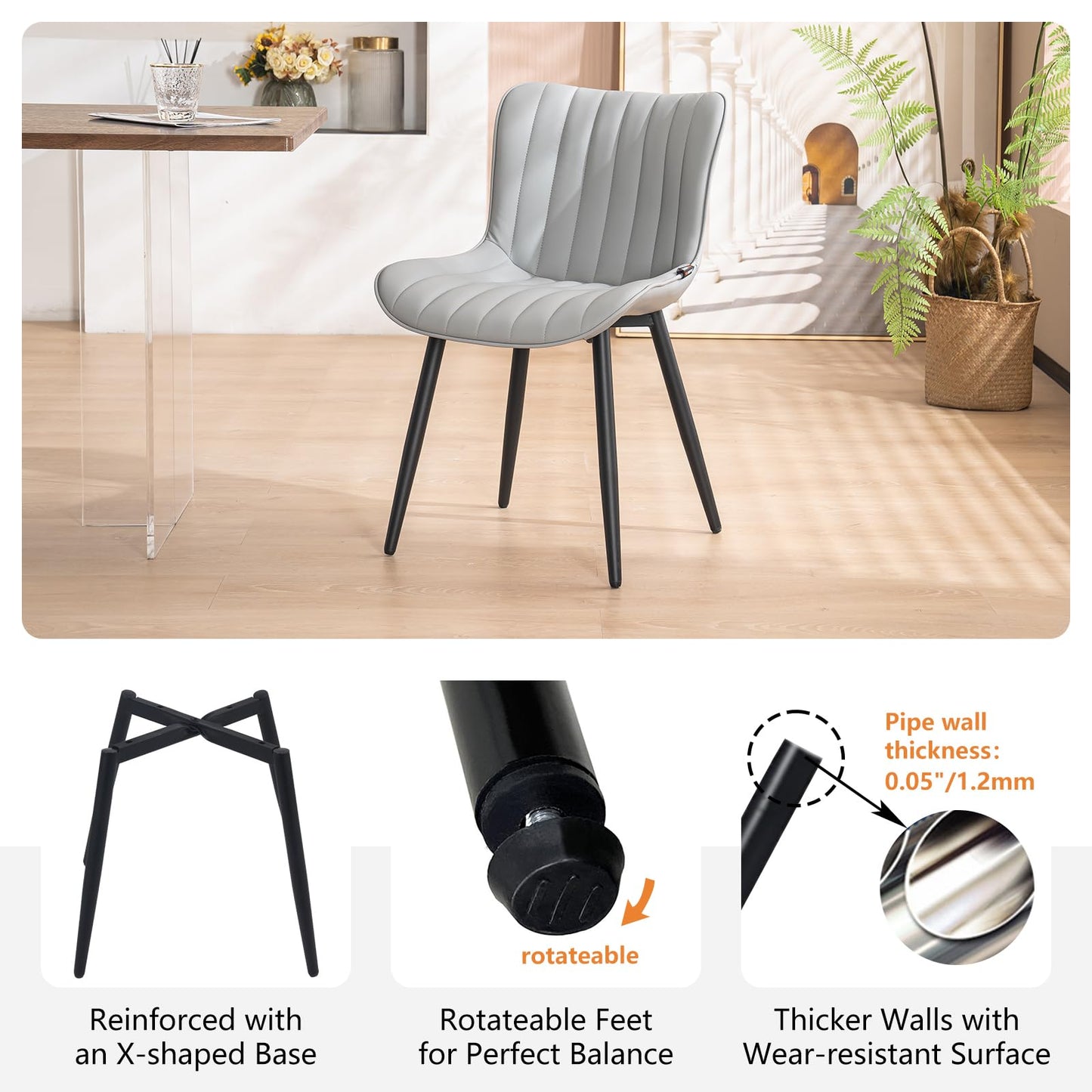 YOUNUOKE Mid-Century Modern Dining Chairs Set of 2, Grey PU Leather Upholstered Kitchen Chairs with Black Metal Legs, Armless Accent Chair for Dining Room, Guest Reception Room