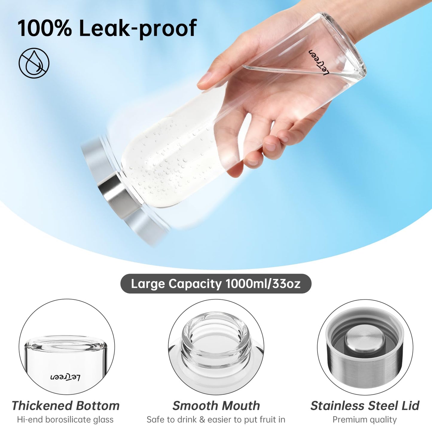 LETREEN Glass Water Bottle 32 oz, Borosilicate Glass Water Bottle with Neoprene Sleeve, BPA-Free Leak Proof Reusable for Hot Cold Drinks, Work, Gym, Home, Sport, Dark Gray