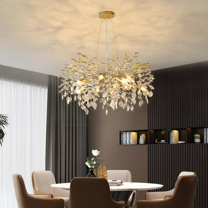 EGM Gold Tree Branch Crystal Chandelier, 32 Inch Modern Raindrop Crystal Ceiling Light Fixtures 10-Light(E12), Hanging Round Chandeliers for Dining Room Living Room Bedroom Foyer