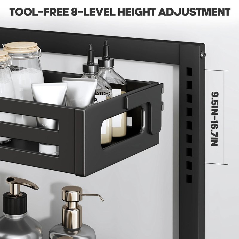 Biboraya 2 Pack Under Sink Organizer,Pull Out Cabinet Organizer with Smooth Cylindrical Rail,Metal Slide Out Drawer for Kitchen Bathroom Laundry Cabinet,8-Level Tool Free Height Adjustable-Black